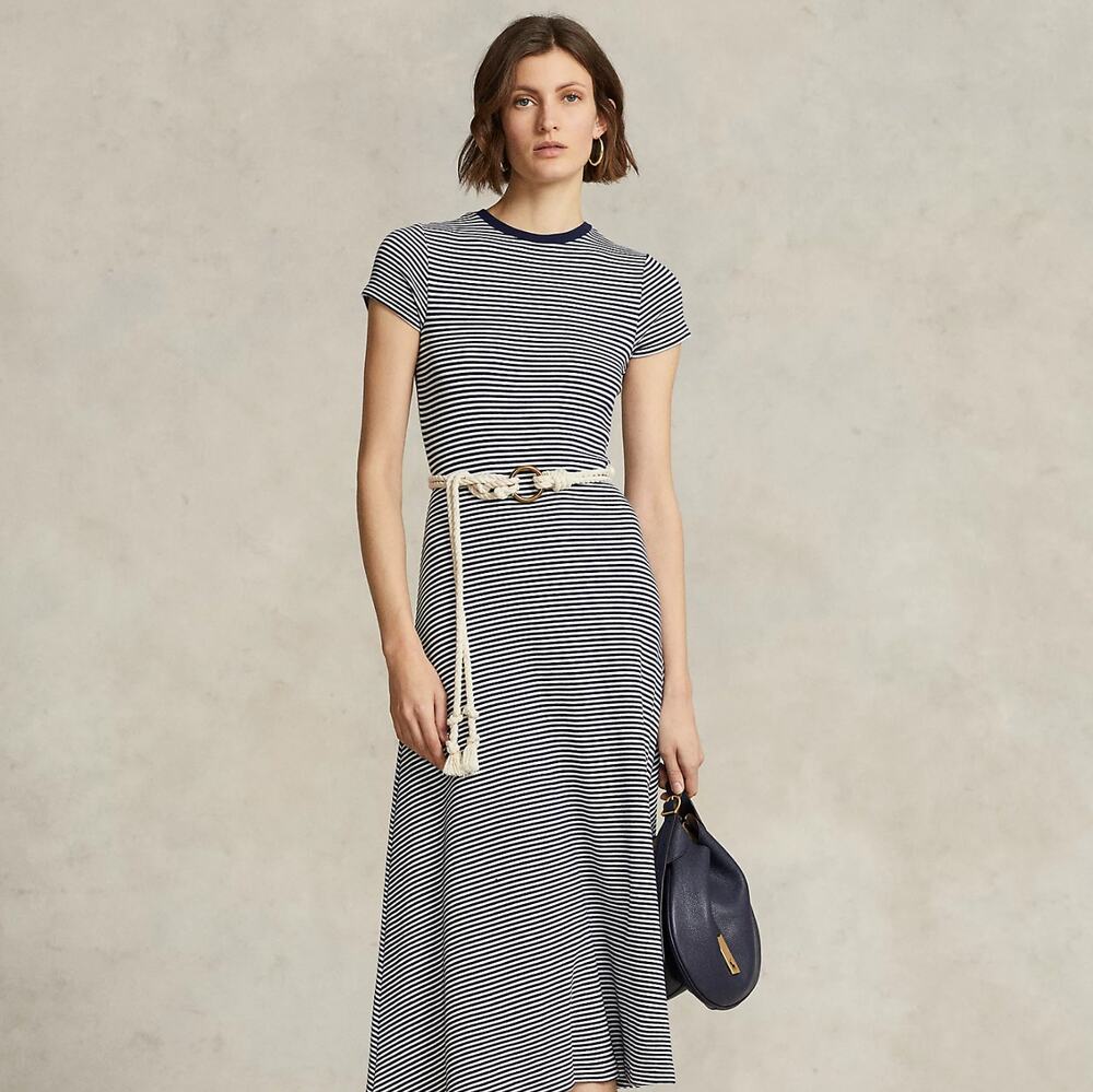 POLO Ralph Lauren Striped Ribbed Cotton-blend Dress Medium White Navy Midi